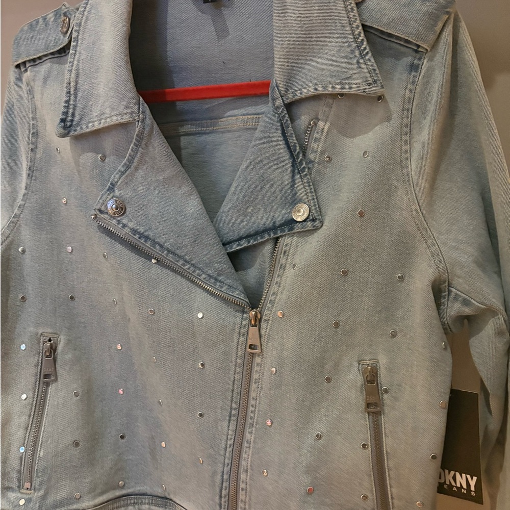 DKNY Light Blue Motorcycle Jean Jacket with Studs